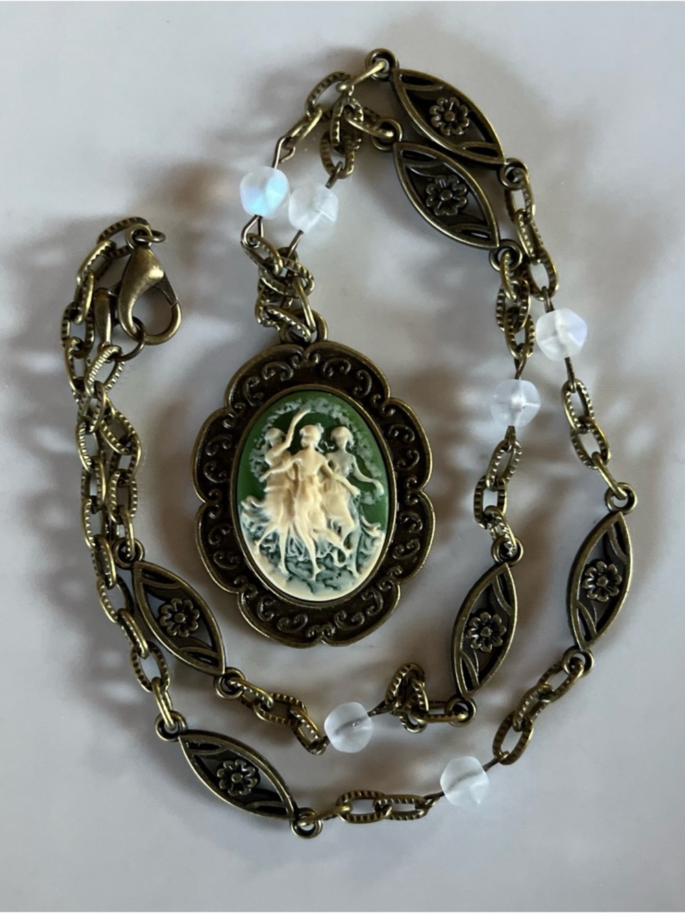 Three Graces Muses Wedgwood Sage Green Vintage Cameo Necklace